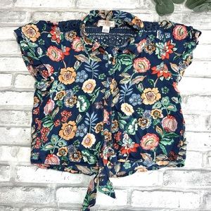 Zoe & Rose Girls Blue Floral Short Ruffle Sleeve Front Tie Crochet Top - Size L